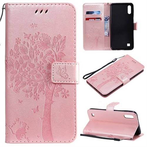 Embossing Butterfly Tree Leather Wallet Case for Samsung Galaxy A10 - Rose Pink