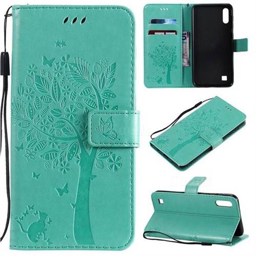 Embossing Butterfly Tree Leather Wallet Case for Samsung Galaxy A10 - Cyan