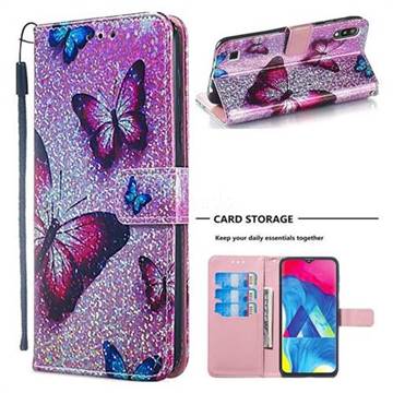 Blue Butterfly Sequins Painted Leather Wallet Case for Samsung Galaxy A10