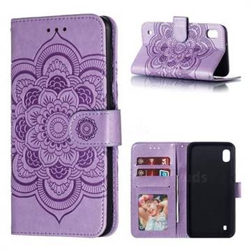 Intricate Embossing Datura Solar Leather Wallet Case for Samsung Galaxy A10 - Purple