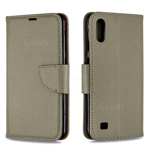 Classic Luxury Litchi Leather Phone Wallet Case for Samsung Galaxy A10 - Gray
