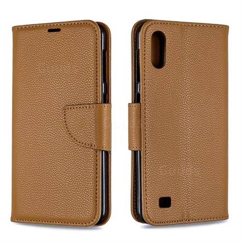 Classic Luxury Litchi Leather Phone Wallet Case for Samsung Galaxy A10 - Brown