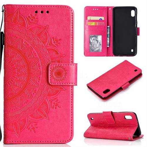 Intricate Embossing Datura Leather Wallet Case for Samsung Galaxy A10 - Rose Red