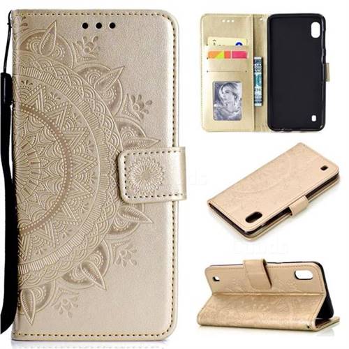 Intricate Embossing Datura Leather Wallet Case for Samsung Galaxy A10 - Golden