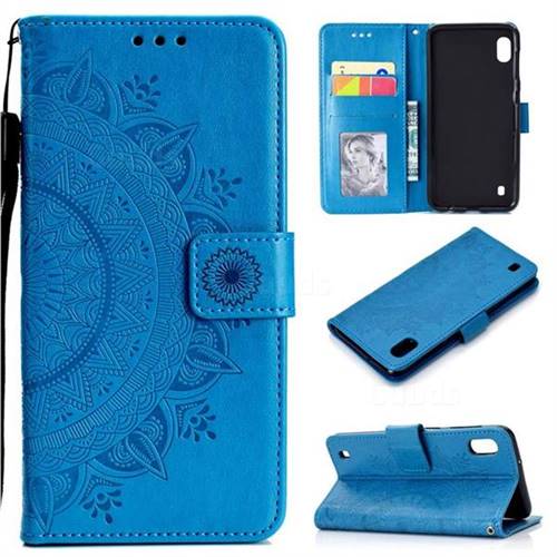 Intricate Embossing Datura Leather Wallet Case for Samsung Galaxy A10 - Blue
