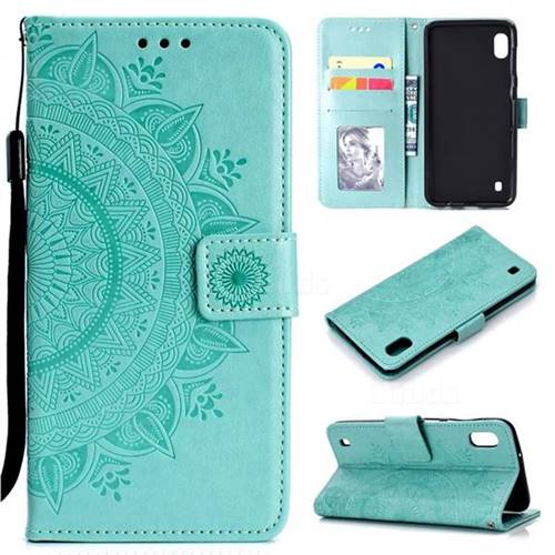 Intricate Embossing Datura Leather Wallet Case for Samsung Galaxy A10 - Mint Green