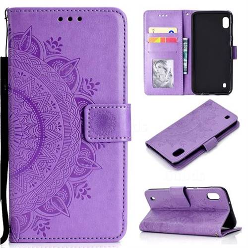 Intricate Embossing Datura Leather Wallet Case for Samsung Galaxy A10 - Purple