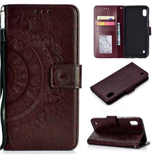 Intricate Embossing Datura Leather Wallet Case for Samsung Galaxy A10 - Brown