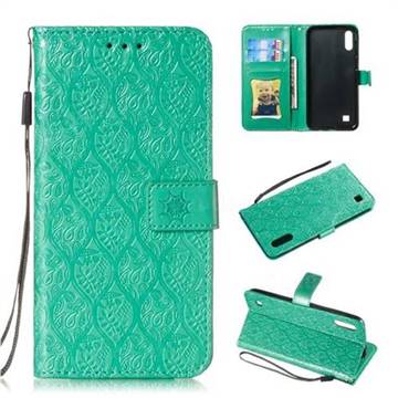 Intricate Embossing Rattan Flower Leather Wallet Case for Samsung Galaxy A10 - Green
