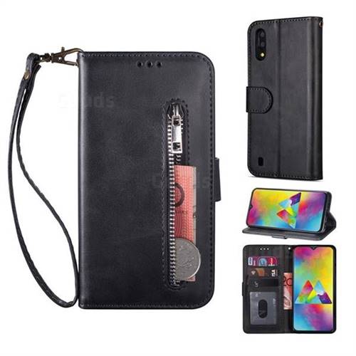 Retro Calfskin Zipper Leather Wallet Case Cover for Samsung Galaxy A10 - Black