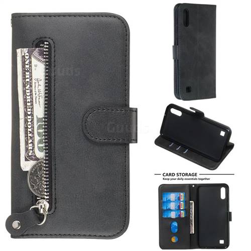Retro Luxury Zipper Leather Phone Wallet Case for Samsung Galaxy A10 - Black