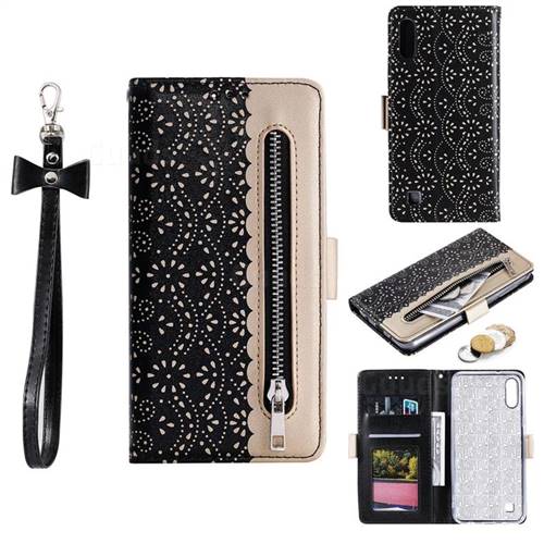 Luxury Lace Zipper Stitching Leather Phone Wallet Case for Samsung Galaxy A10 - Black