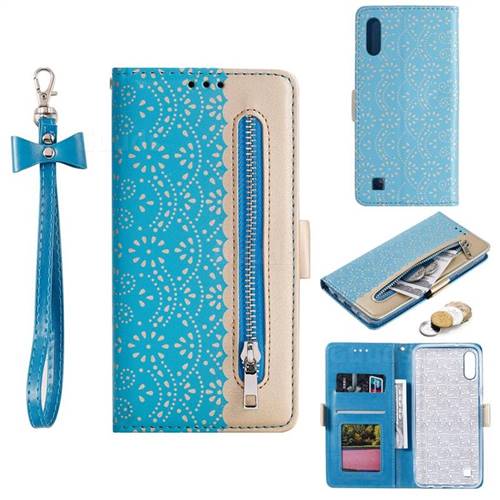 Luxury Lace Zipper Stitching Leather Phone Wallet Case for Samsung Galaxy A10 - Blue