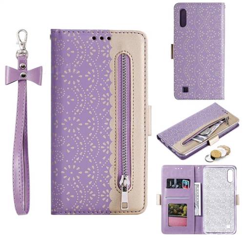 Luxury Lace Zipper Stitching Leather Phone Wallet Case for Samsung Galaxy A10 - Purple
