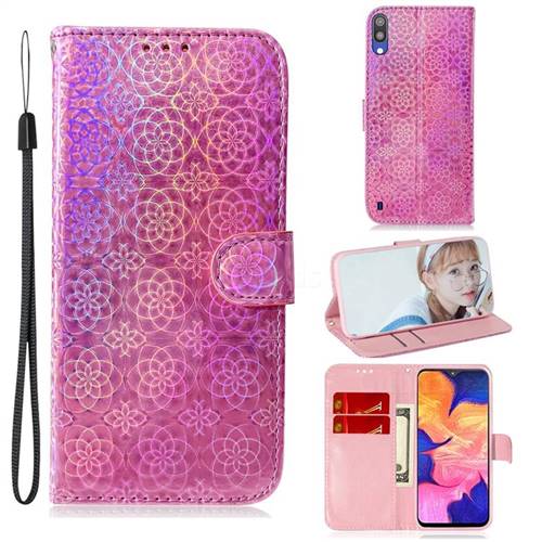 Laser Circle Shining Leather Wallet Phone Case for Samsung Galaxy A10 - Pink