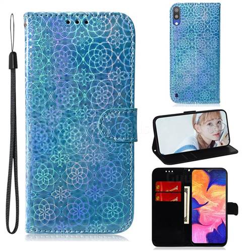 Laser Circle Shining Leather Wallet Phone Case for Samsung Galaxy A10 - Blue