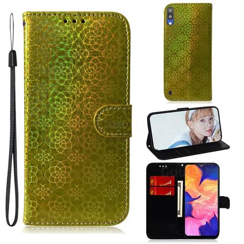 Laser Circle Shining Leather Wallet Phone Case for Samsung Galaxy A10 - Golden