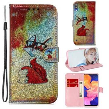 Glasses Fox Laser Shining Leather Wallet Phone Case for Samsung Galaxy A10