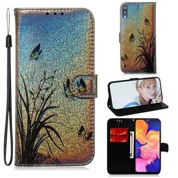 Butterfly Orchid Laser Shining Leather Wallet Phone Case for Samsung Galaxy A10