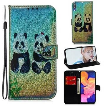 Two Pandas Laser Shining Leather Wallet Phone Case for Samsung Galaxy A10