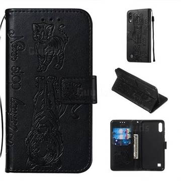 Embossing Tiger and Cat Leather Wallet Case for Samsung Galaxy A10 - Black
