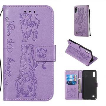 Embossing Tiger and Cat Leather Wallet Case for Samsung Galaxy A10 - Lavender