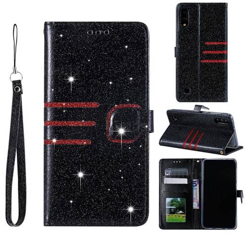 Retro Stitching Glitter Leather Wallet Phone Case for Samsung Galaxy A10 - Black