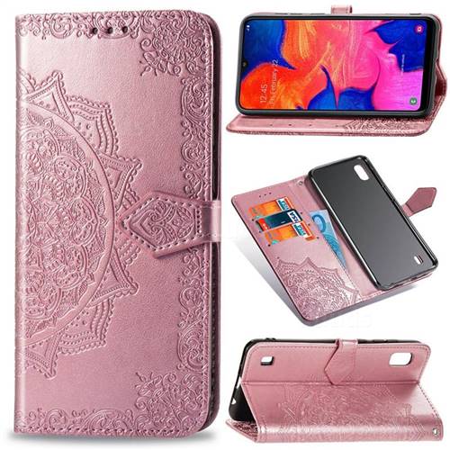 Embossing Imprint Mandala Flower Leather Wallet Case for Samsung Galaxy A10 - Rose Gold