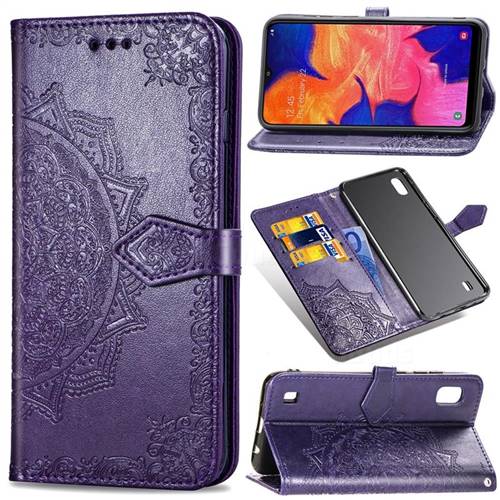 Embossing Imprint Mandala Flower Leather Wallet Case for Samsung Galaxy A10 - Purple