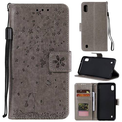 Embossing Cherry Blossom Cat Leather Wallet Case for Samsung Galaxy A10 - Gray