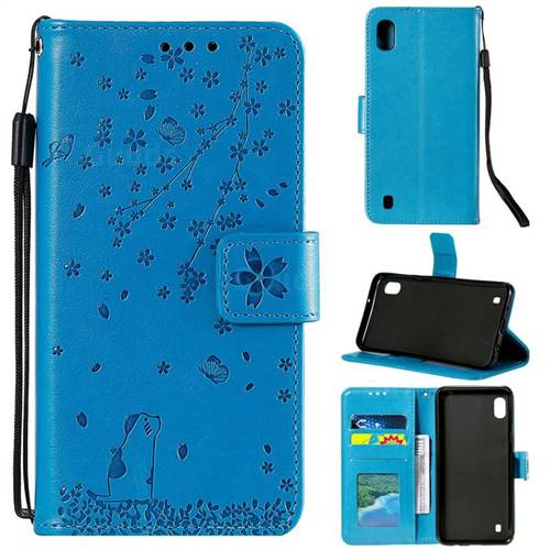 Embossing Cherry Blossom Cat Leather Wallet Case for Samsung Galaxy A10 - Blue