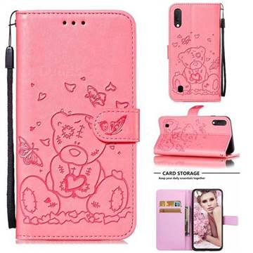 Embossing Butterfly Heart Bear Leather Wallet Case for Samsung Galaxy A10 - Pink