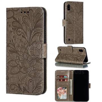 Intricate Embossing Lace Jasmine Flower Leather Wallet Case for Samsung Galaxy A10 - Gray