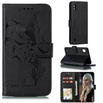 Intricate Embossing Lychee Feather Bird Leather Wallet Case for Samsung Galaxy A10 - Black