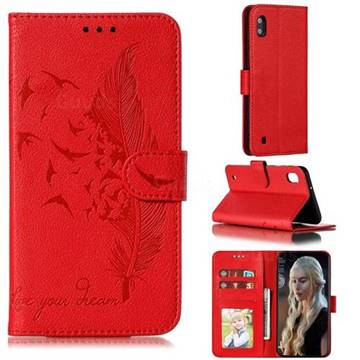 Intricate Embossing Lychee Feather Bird Leather Wallet Case for Samsung Galaxy A10 - Red