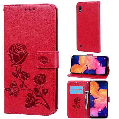 Embossing Rose Flower Leather Wallet Case for Samsung Galaxy A10 - Red