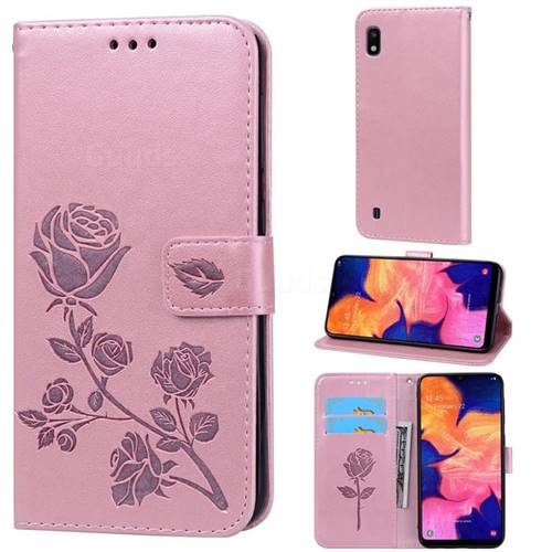 Embossing Rose Flower Leather Wallet Case for Samsung Galaxy A10 - Rose Gold