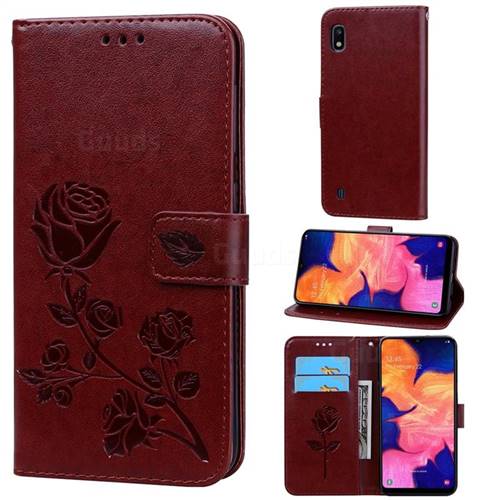 Embossing Rose Flower Leather Wallet Case for Samsung Galaxy A10 - Brown