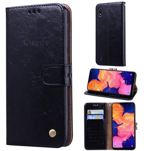 Luxury Retro Oil Wax PU Leather Wallet Phone Case for Samsung Galaxy A10 - Deep Black