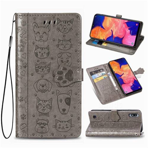 Embossing Dog Paw Kitten and Puppy Leather Wallet Case for Samsung Galaxy A10 - Gray