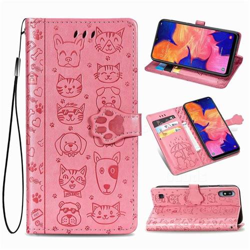 Embossing Dog Paw Kitten and Puppy Leather Wallet Case for Samsung Galaxy A10 - Pink