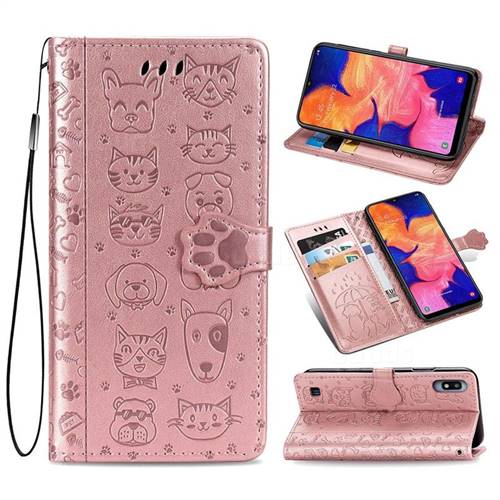 Embossing Dog Paw Kitten and Puppy Leather Wallet Case for Samsung Galaxy A10 - Rose Gold