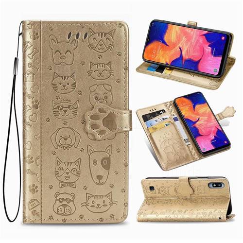 Embossing Dog Paw Kitten and Puppy Leather Wallet Case for Samsung Galaxy A10 - Champagne Gold