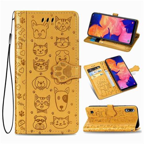Embossing Dog Paw Kitten and Puppy Leather Wallet Case for Samsung Galaxy A10 - Yellow