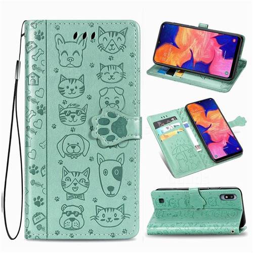 Embossing Dog Paw Kitten and Puppy Leather Wallet Case for Samsung Galaxy A10 - Green