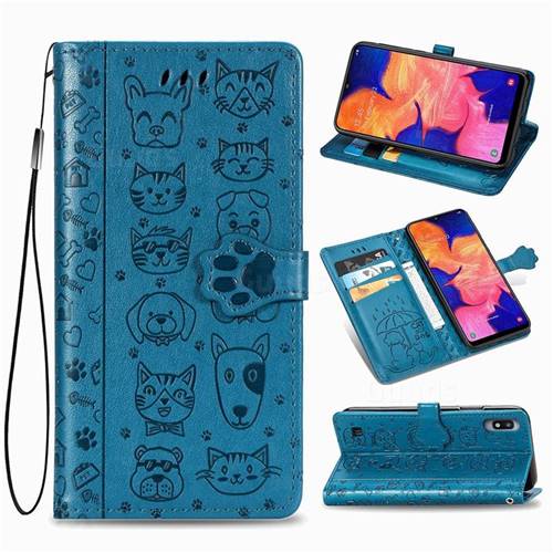 Embossing Dog Paw Kitten and Puppy Leather Wallet Case for Samsung Galaxy A10 - Blue