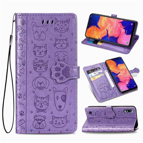 Embossing Dog Paw Kitten and Puppy Leather Wallet Case for Samsung Galaxy A10 - Purple