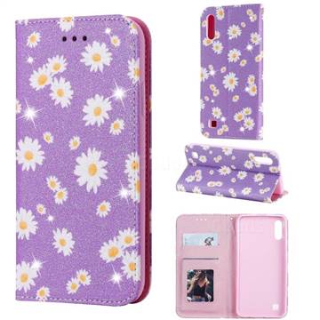 Ultra Slim Daisy Sparkle Glitter Powder Magnetic Leather Wallet Case for Samsung Galaxy A10 - Purple