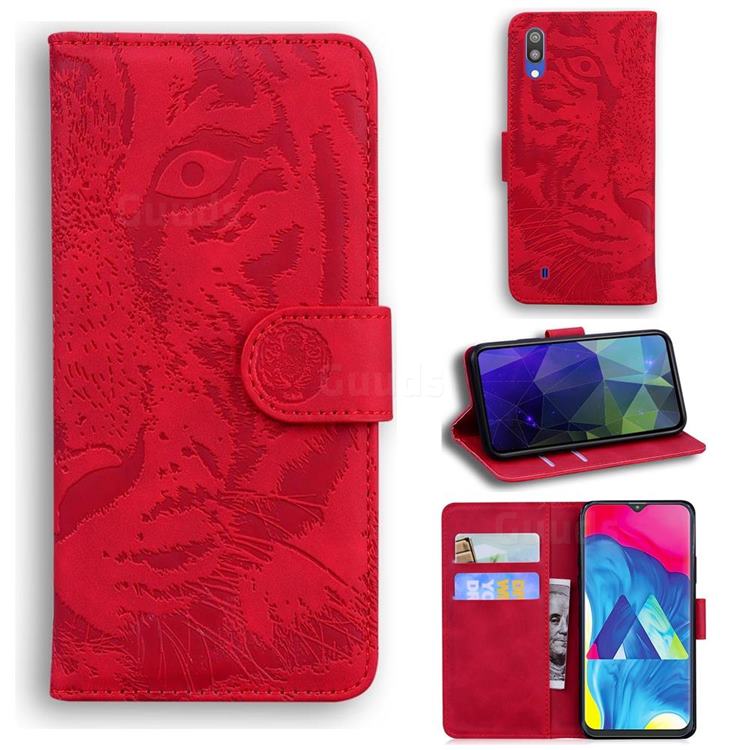 Intricate Embossing Tiger Face Leather Wallet Case for Samsung Galaxy A10 - Red