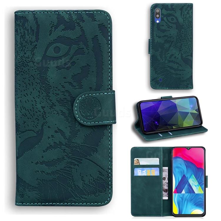 Intricate Embossing Tiger Face Leather Wallet Case for Samsung Galaxy A10 - Green